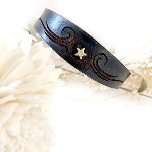 MishaGirl Handmade Thin Black Leather Bracelet, Gold Plated Star